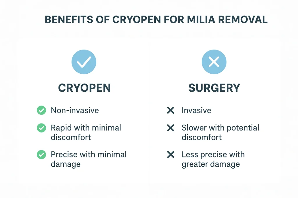 Benefits of cryopen for milia removal Collier's Wood compared to surgical treatments.