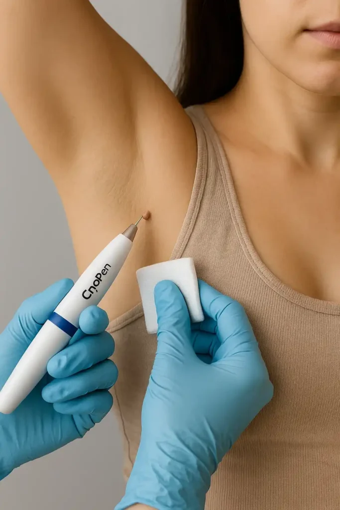 woman having cryopen to remove underarm skin tags Collier's Wood
