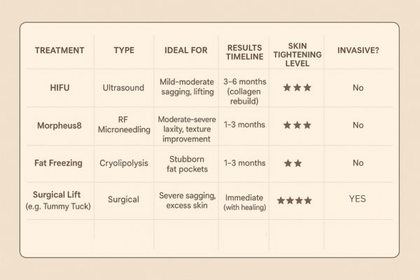 Table showing the comparisons of Skin tightening Collier's Wood treatment options.
